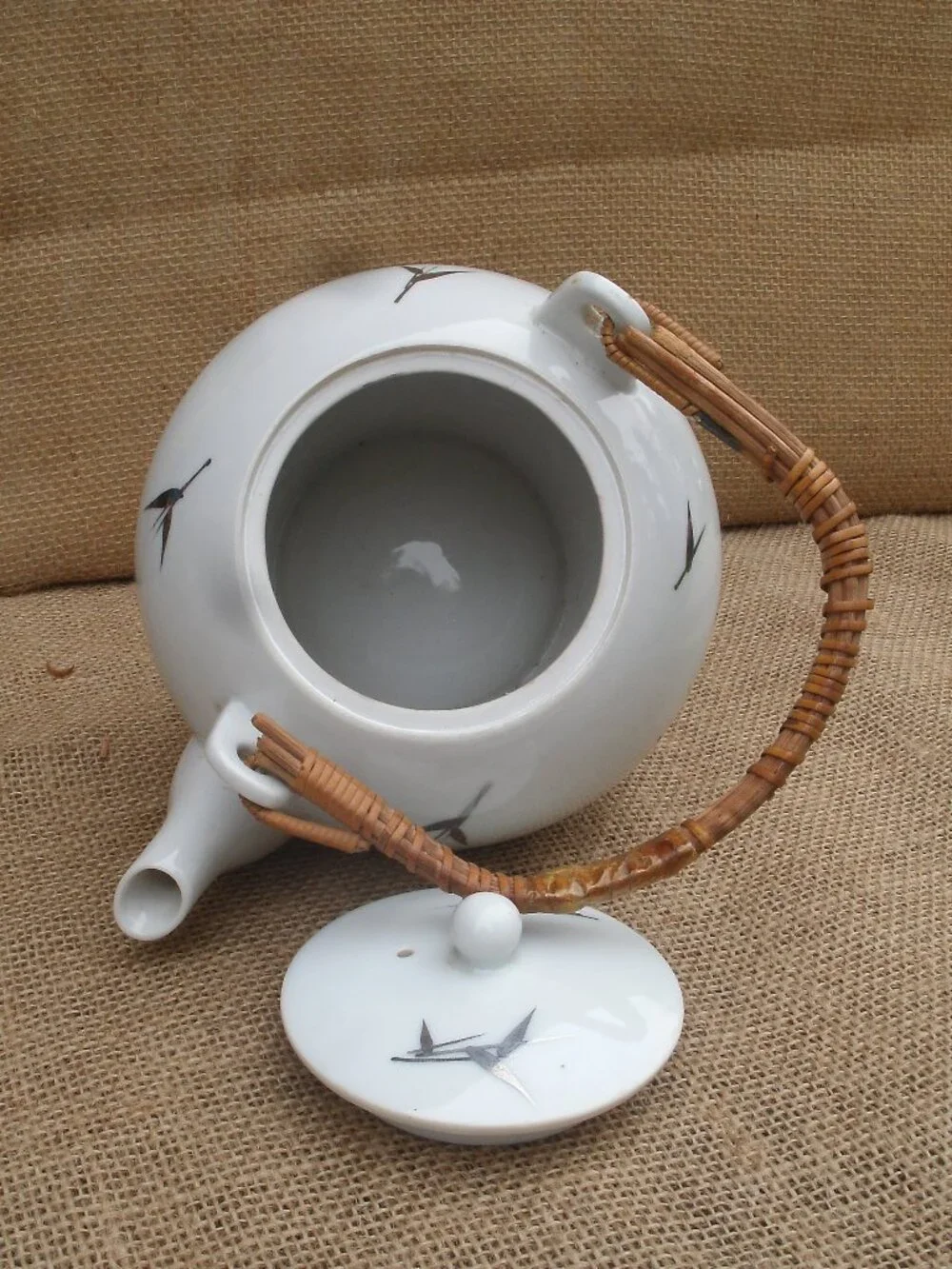 Vintage Otagiri Brushstroke Bamboo Teapot Rattan Handle